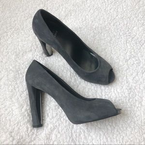 Stuart Weitzman Grey Suede Open Toe Block Heel